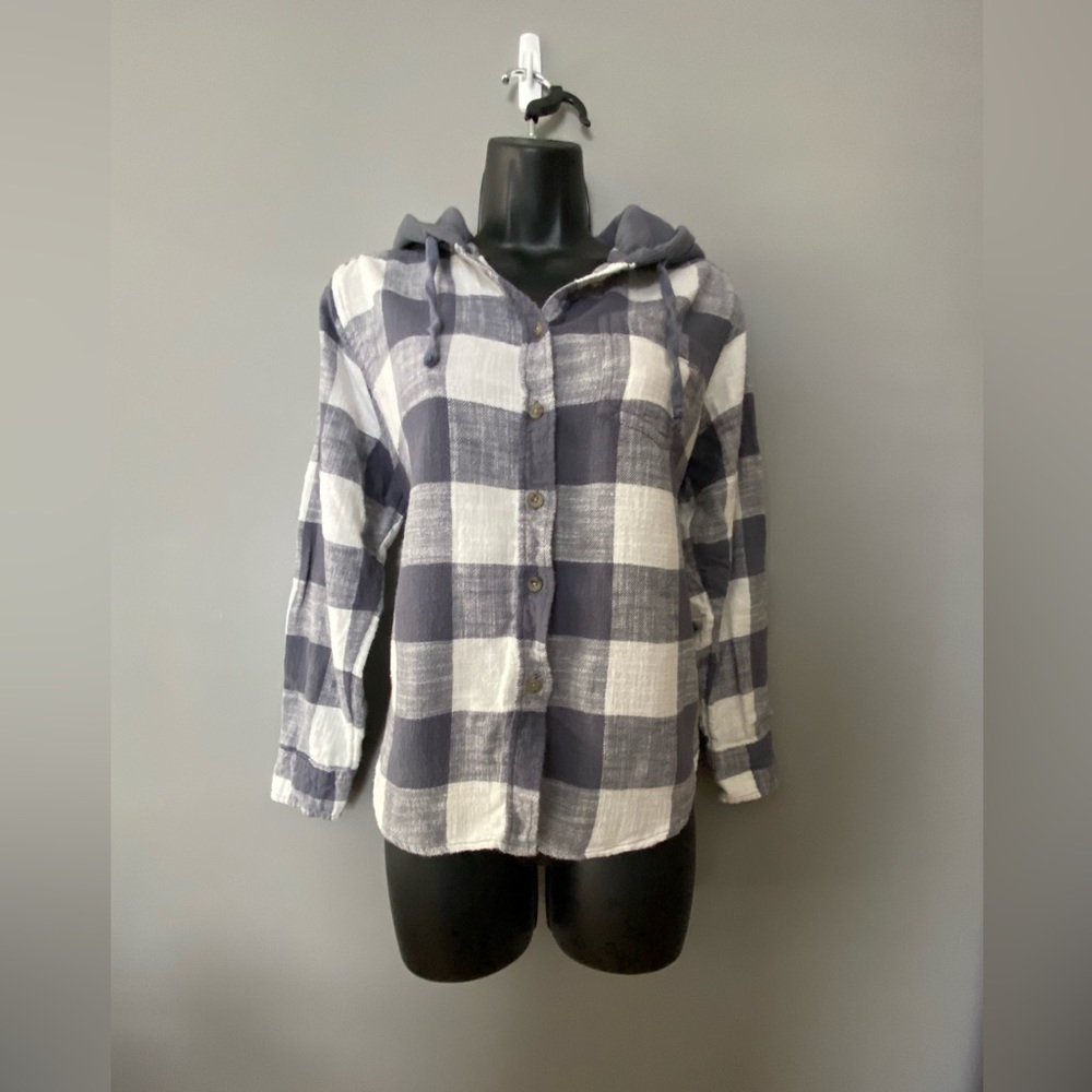 Blue and white flannel with hood